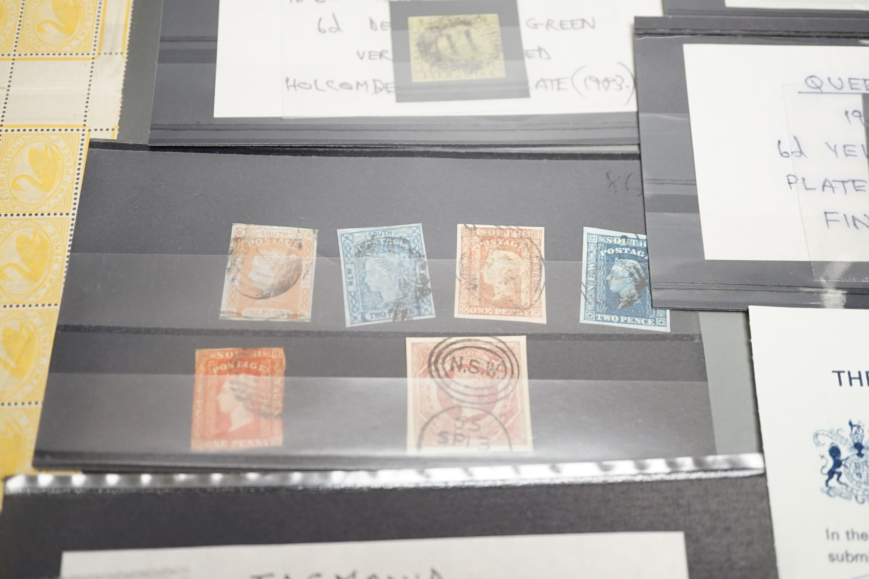 Australian States - NSW 1850 1d and 2d used, Queensland 1907 6d green imperf. plate proof pair, Tasmania 1891 6d dull claret mint block of four (and certificate), Western Australia 1854 1d black swan and 1861 6d deep sag